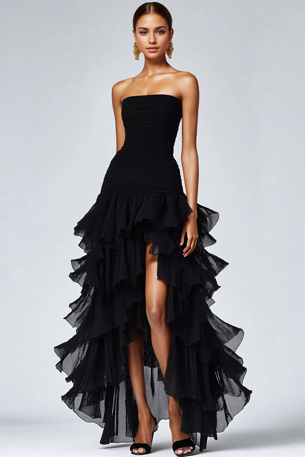 A Line Black Square Neck Tiered Formal Dress with Slit