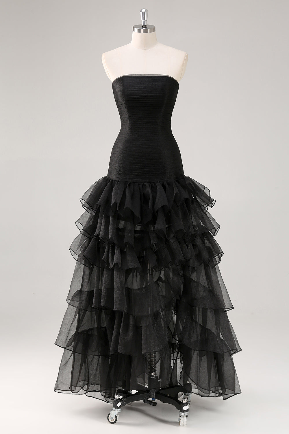 A Line Black Square Neck Tiered Formal Dress with Slit