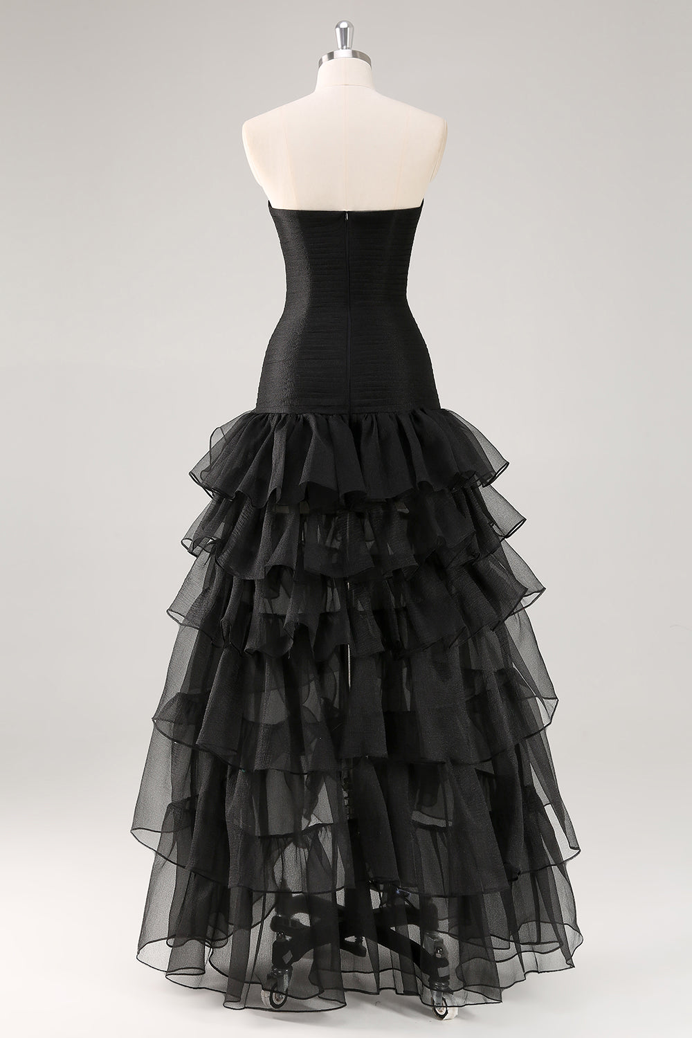 A Line Black Square Neck Tiered Formal Dress with Slit