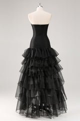 A Line Black Square Neck Tiered Formal Dress with Slit