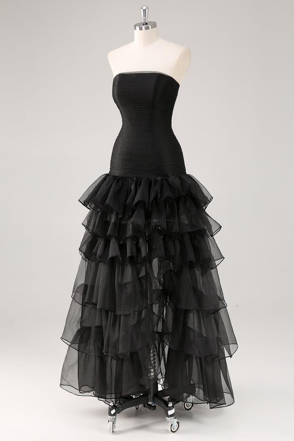 A Line Black Square Neck Tiered Formal Dress with Slit