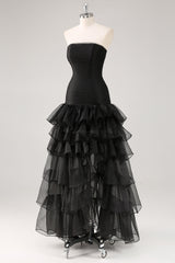 A Line Black Square Neck Tiered Formal Dress with Slit