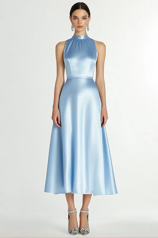 A-Linien-Blau Neckholder-Satin-Langes Abendkleid