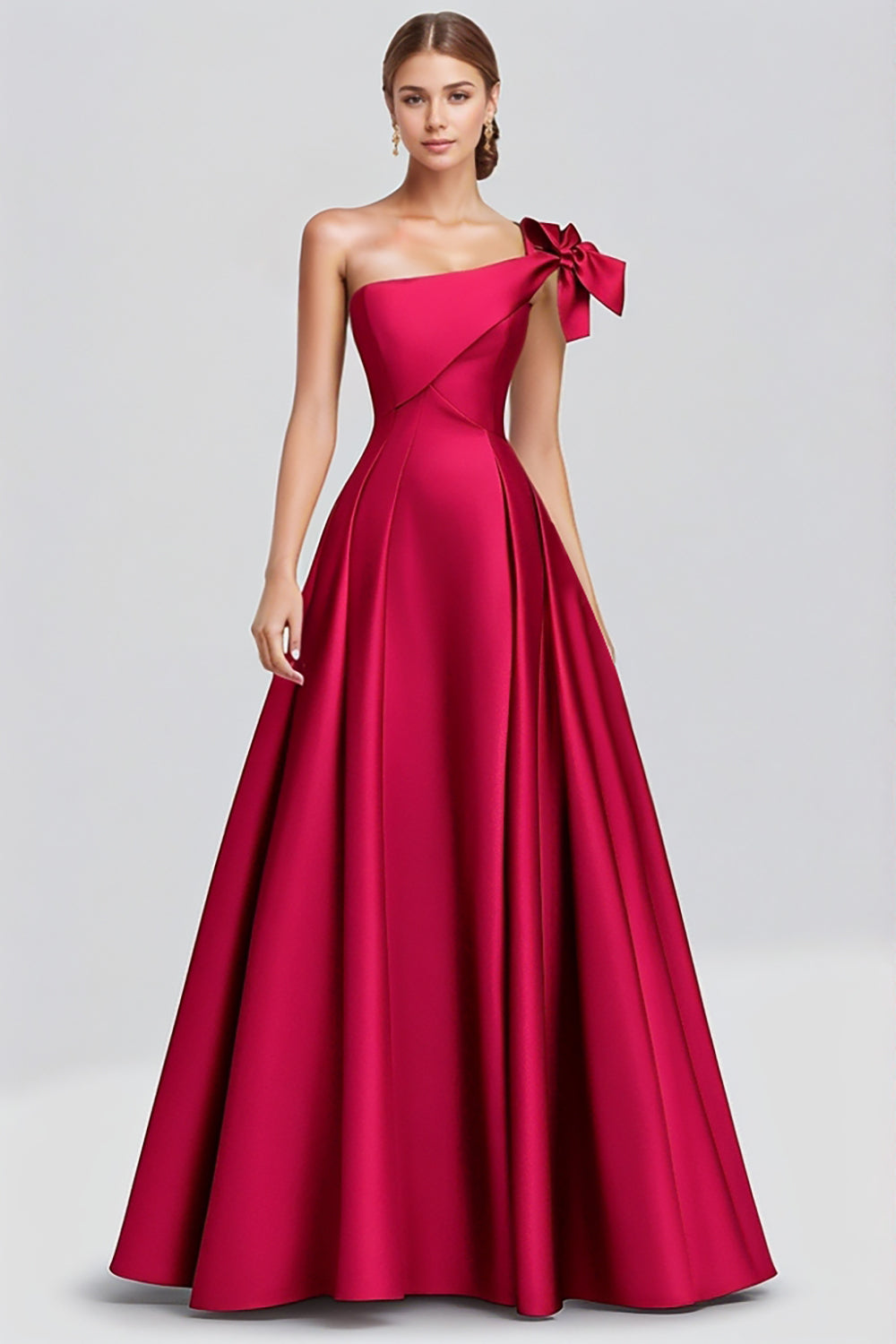 Fuchsia A-Linie One-Shoulder Schleife Satin Langes Abendkleid