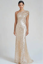 Vestido formal sereia de um ombro só com lantejoulas e cor champanhe brilhante