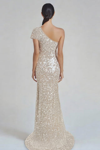 Glitzerndes Champagner-Meerjungfrauenkleid mit One-Shoulder-Träger und Pailletten