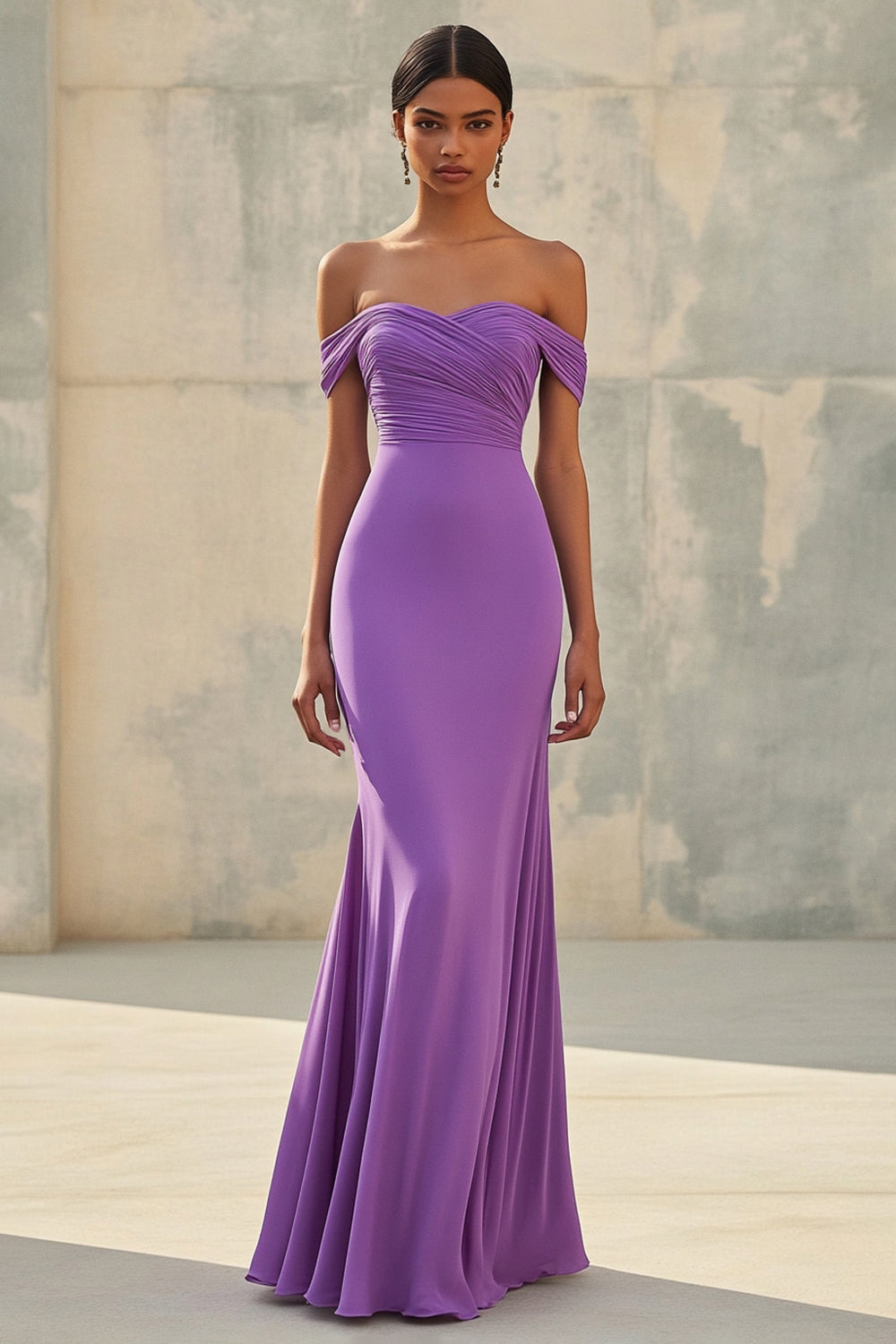 Vestido longo formal sereia de chiffon roxo com decote ombro a ombro
