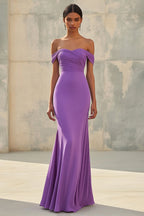 Vestido longo formal sereia de chiffon roxo com decote ombro a ombro