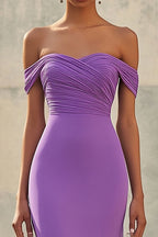 Vestido longo formal sereia de chiffon roxo com decote ombro a ombro
