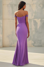 Vestido longo formal sereia de chiffon roxo com decote ombro a ombro