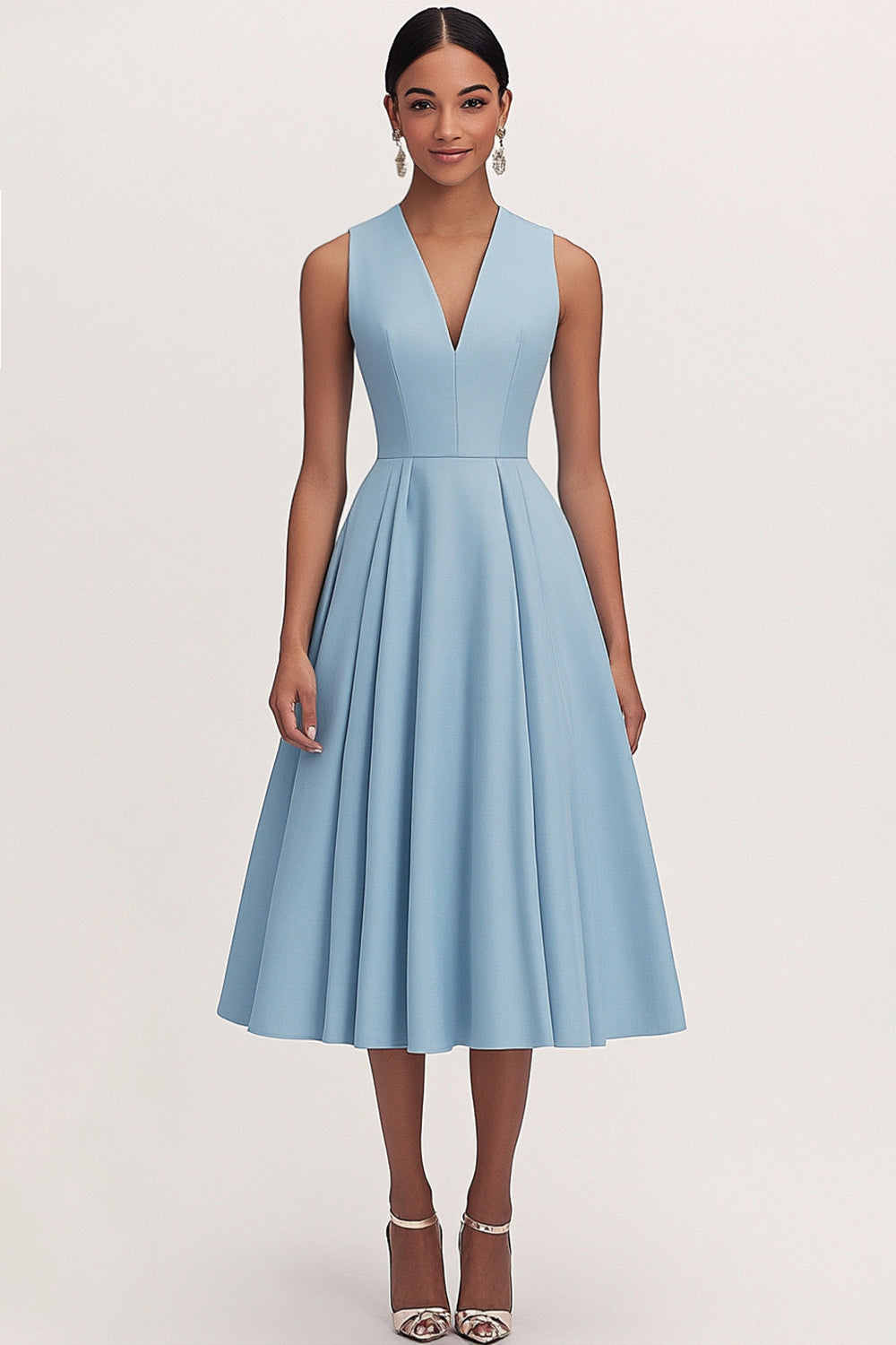 Vestido de festa formal azul plissado com decote em V e corte A