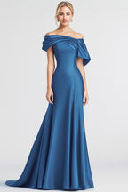 Blaues, schulterfreies, langes Meerjungfrauen-Abendkleid aus Satin