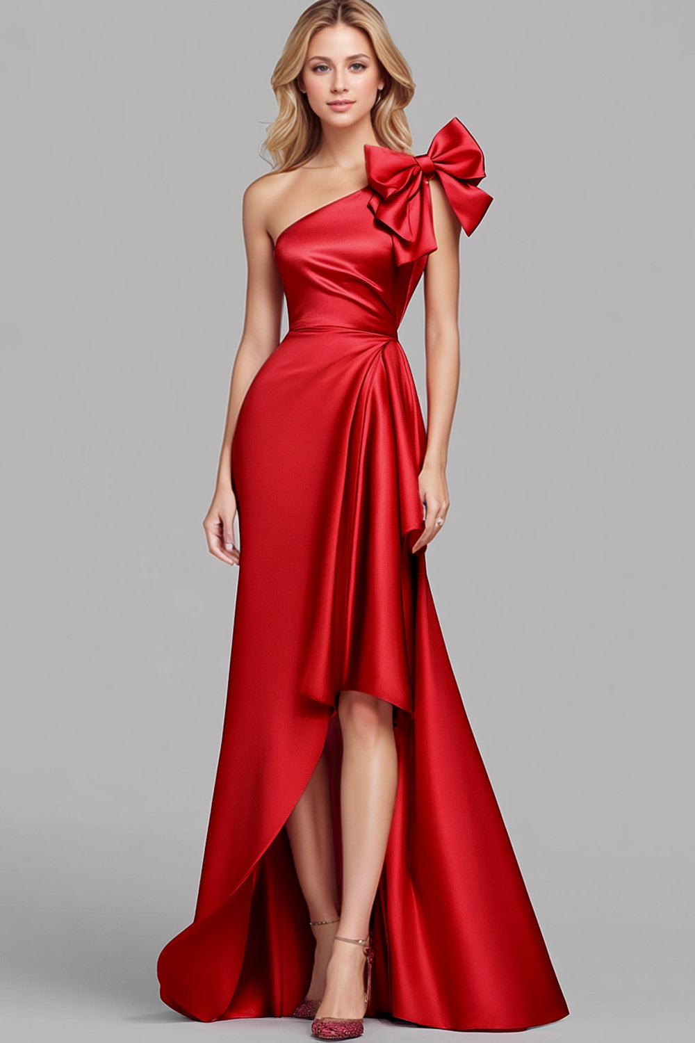 Vestido formal comprido vermelho em cetim com um ombro só e laço