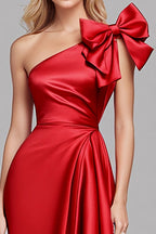 Rotes One-Shoulder-Satin-Meerjungfrauenkleid, lang, formelles Kleid mit Schleife