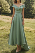 Sage Off The Shoulder Elegancka Sukienka z Szerokim Dołem
