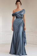 Vestido formal sereia cinza azul com um ombro só em cetim franzido e folhos