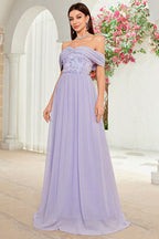 Vestido de festa comprido com decote ombro a ombro, cinzento, roxo e floral