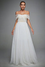 Blaues schulterfreies A-Linien-Ballkleid aus Tüll