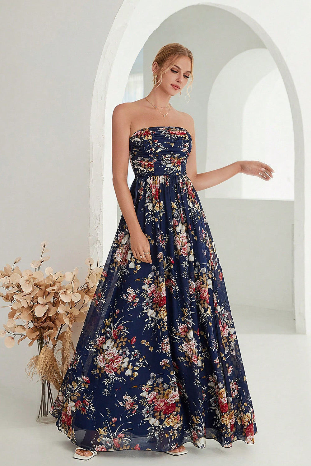 Vestido de cerimónia comprido sem alças, azul marinho, estampado floral