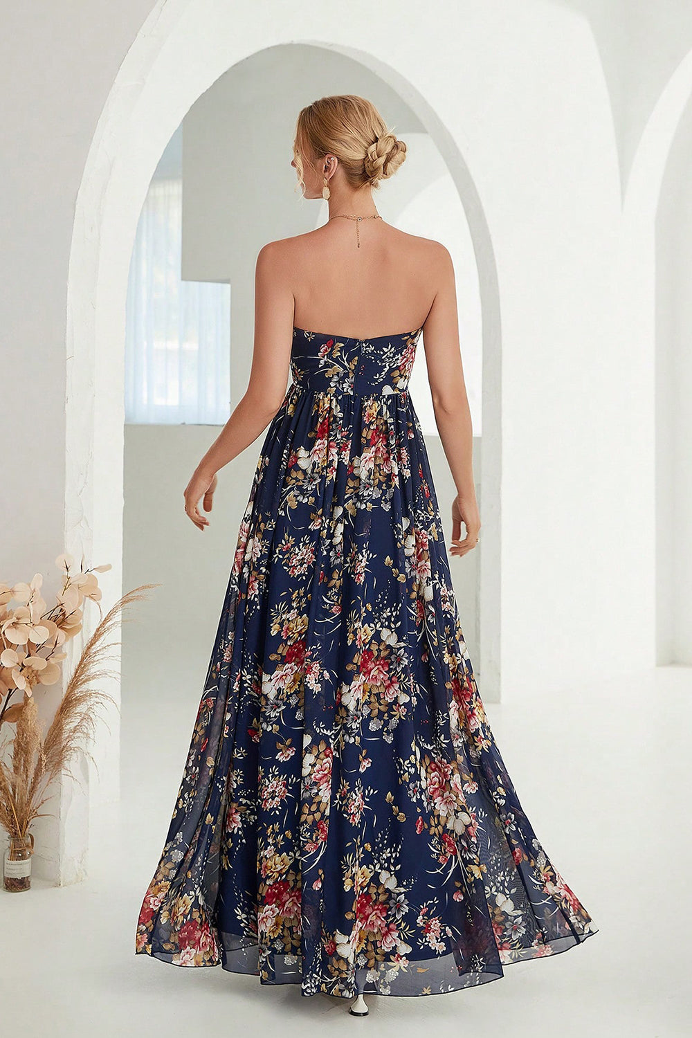 Vestido de cerimónia comprido sem alças, azul marinho, estampado floral
