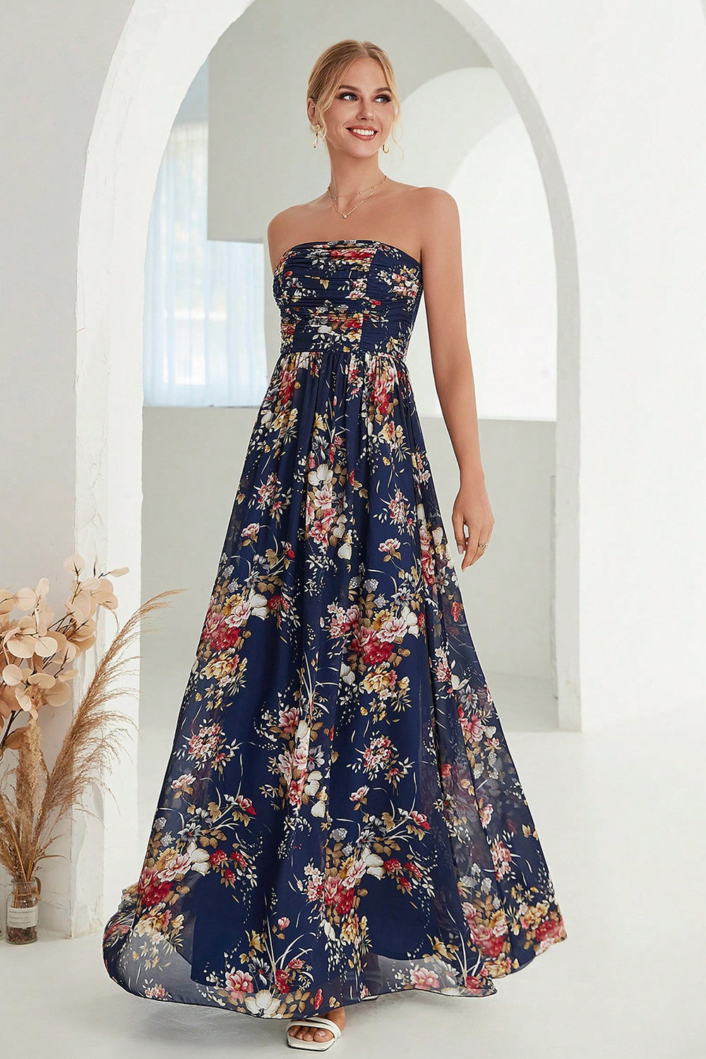 Vestido de cerimónia comprido sem alças, azul marinho, estampado floral