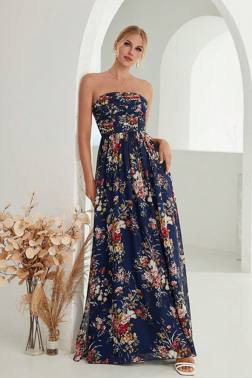 Vestido de cerimónia comprido sem alças, azul marinho, estampado floral