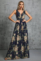 Vestido de cerimónia em chiffon com decote em V e corte A, estampado com flores, azul-marinho