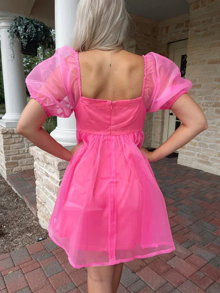 Vestido de Niña Tipo Baby Doll en Organza Rosa, Vestido Rosa de Cumpleaños Vestido Rosa para Fiesta de Regreso a Casa Y2060