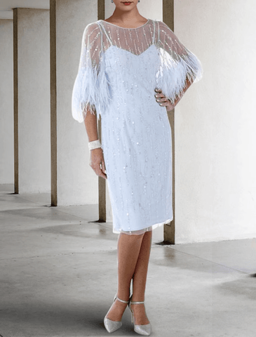 Etuikleid/Säulenkleid für die Brautmutter, elegant, funkelnd und glänzend, Rundhalsausschnitt, knielang, Stretch-Chiffon, halbe Ärmel, mit Federn, Perlenbesatz, Pailletten