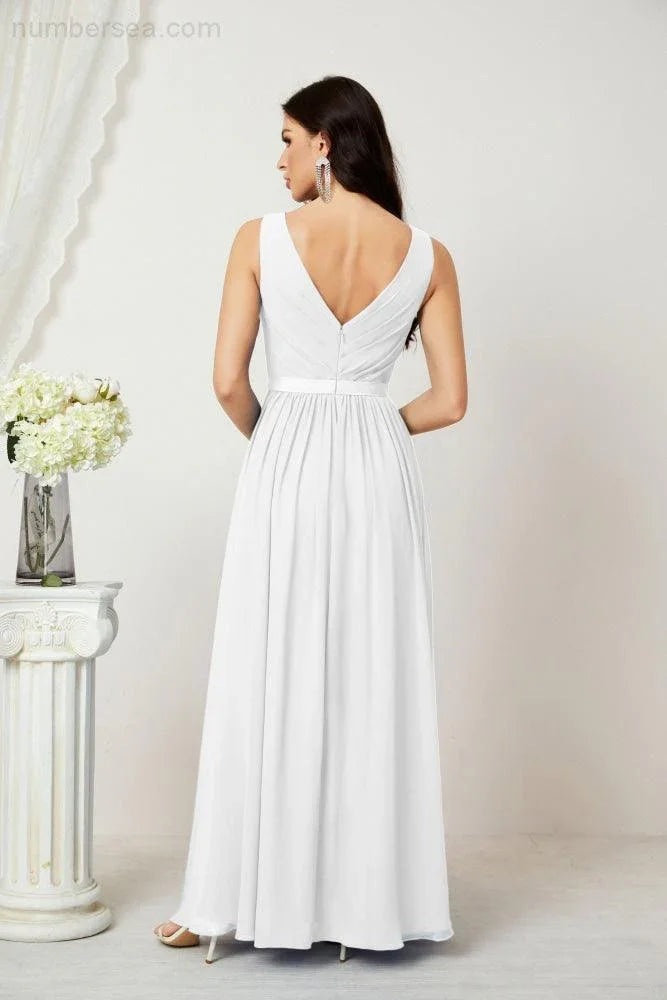 Abito da Sera Donna in Chiffon Lungo per Damigelle, Scollato, Senza Maniche, Linea A, per Feste Serali, Ballo di Fine Anno e Homecoming, Modello 2808
