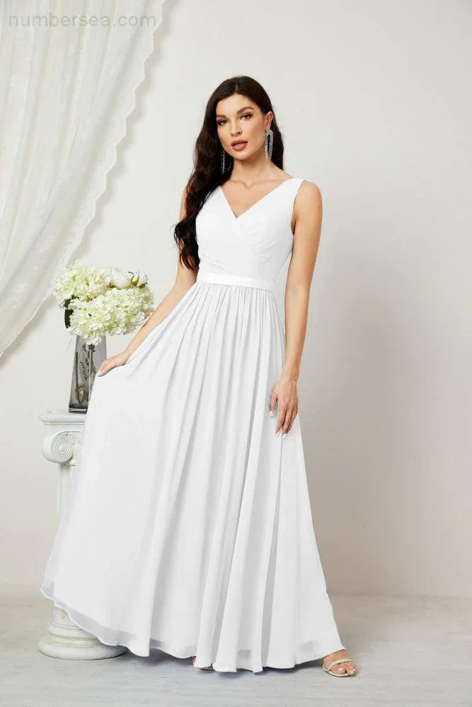 Abito da Sera Donna in Chiffon Lungo per Damigelle, Scollato, Senza Maniche, Linea A, per Feste Serali, Ballo di Fine Anno e Homecoming, Modello 2808