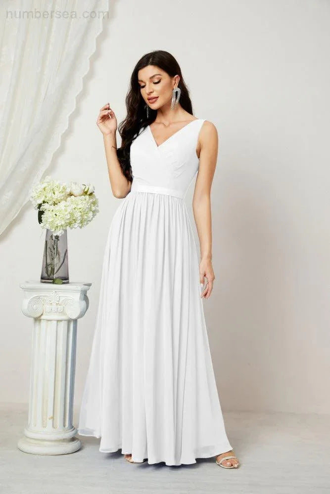 Abito da Sera Donna in Chiffon Lungo per Damigelle, Scollato, Senza Maniche, Linea A, per Feste Serali, Ballo di Fine Anno e Homecoming, Modello 2808