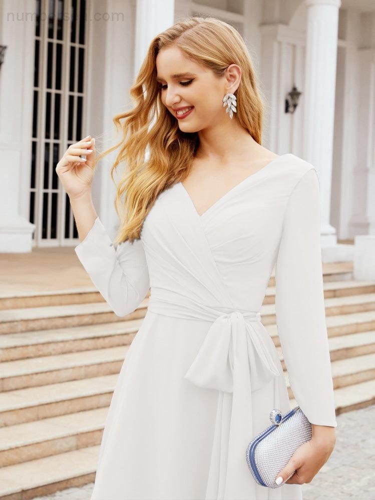 Vestido de madrinha com decote em V e cinto para mãe da noiva e convidada de casamento 28031 