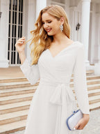 Vestido de madrinha com decote em V e cinto para mãe da noiva e convidada de casamento 28031 