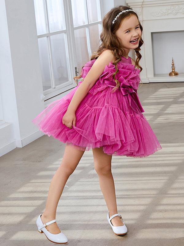 Enchanting Pink Princess Sleeveless Tulle Flower Girl Dress with Bow Accent (010224355)