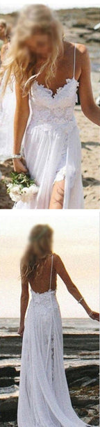 Robe de mariée d'été simple à bretelles spaghetti dos nu en dentelle blanche avec appliqués et fente latérale pour mariage sur la plage, WD0047