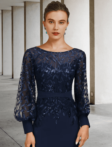 Meerjungfrau/Trompete Kleid für die Brautmutter, Vintage, elegant, Rundhalsausschnitt, Schleppe, Chiffon, Spitze, lange Ärmel mit Paillettenrüschen
