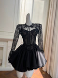 Sexy schwarzes Spitzen-Satin-A-Linien Homecoming-Kleid, kurzes Abschlussballkleid Y8590