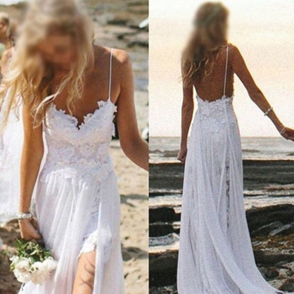 Robe de mariée d'été simple à bretelles spaghetti dos nu en dentelle blanche avec appliqués et fente latérale pour mariage sur la plage, WD0047