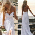 Robe de mariée d'été simple à bretelles spaghetti dos nu en dentelle blanche avec appliqués et fente latérale pour mariage sur la plage, WD0047