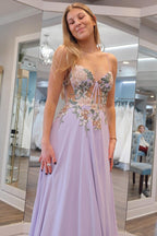 Lilac Sweetheart Chiffon Long Prom Dresses with Appliques