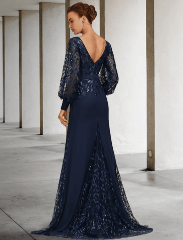 Meerjungfrau/Trompete Kleid für die Brautmutter, Vintage, elegant, Rundhalsausschnitt, Schleppe, Chiffon, Spitze, lange Ärmel mit Paillettenrüschen