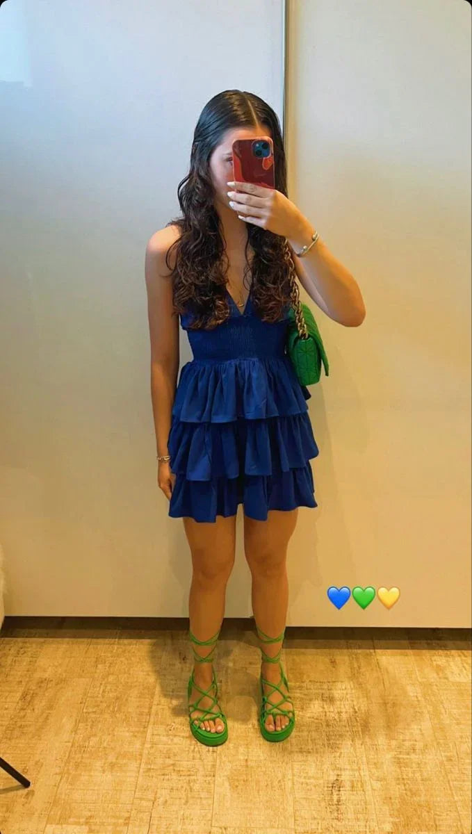 Spaghettiträger verführerisches V-Ausschnitt Etagenrock gesäumtes Saumfestkleid Y2137