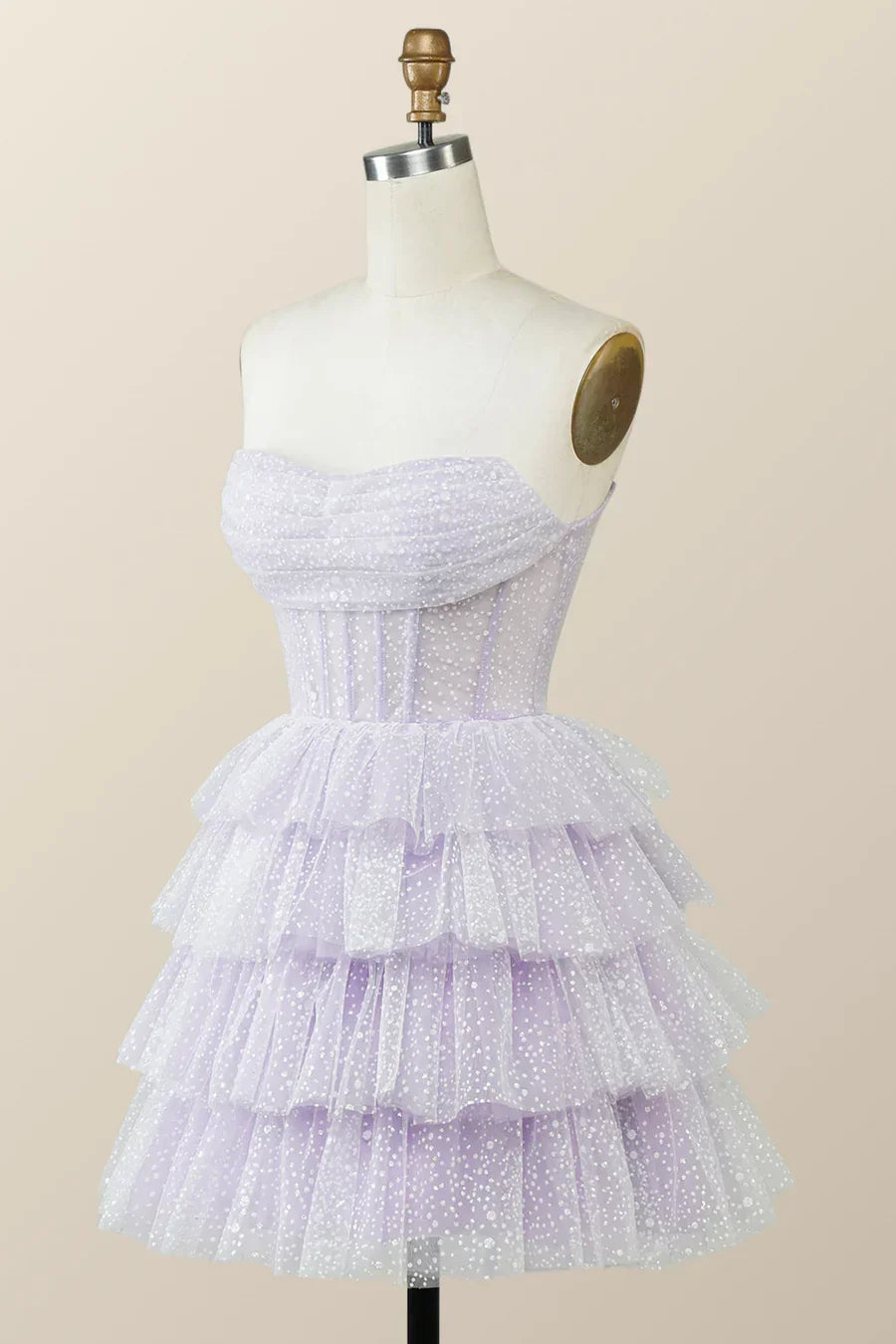 Lila Homecoming-Kleid in A-Linie mit Trägerlosem Ausschnitt, Cowl-Ausschnitt und kurzem Saum Y2780