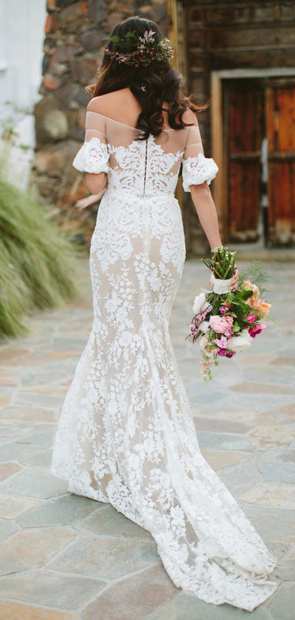 Abito da sposa vintage scollato sulle spalle, mezza manica, trasparente, pizzo avorio, color carne, WD0009