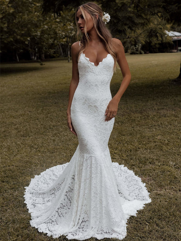Robe de mariée longue sexy simple sirène à col en V en dentelle à bretelles spaghetti, robe de soirée. DB10712