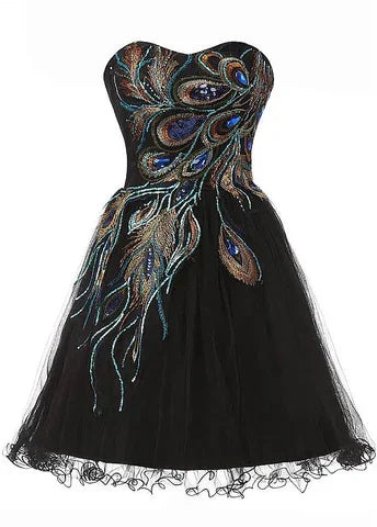 Chic Tüll Satin Perlen Herz-Ausschnitt A-Line Kurzes Cocktailkleid Schwarzes Homecoming Kleid Y8483