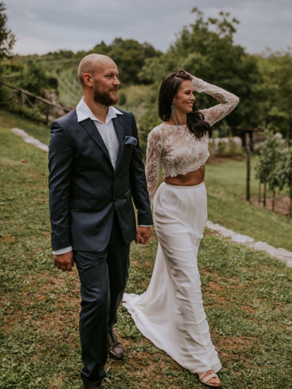Vestidos de noiva compridos, simples, sensuais, em chiffon com renda transparente, de duas peças, para festa à noite, DB10694