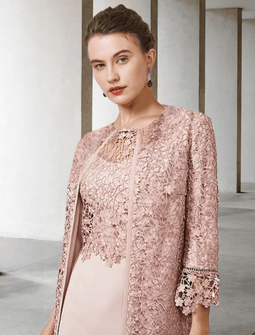 Zweiteiliges Etuikleid/Säulenkleid für die Brautmutter, elegantes Kleid mit Rundhalsausschnitt, knielang, Chiffon, Spitze, kurze Ärmel, Jackenkleider mit Applikationen