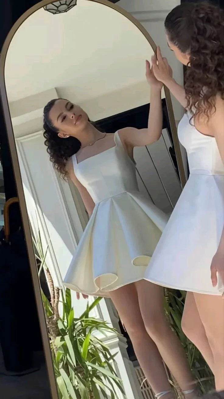 Vestido elegante de línea A con tirantes, satén marfil, corto para el baile de bienvenida, vestido de cumpleaños Y7658